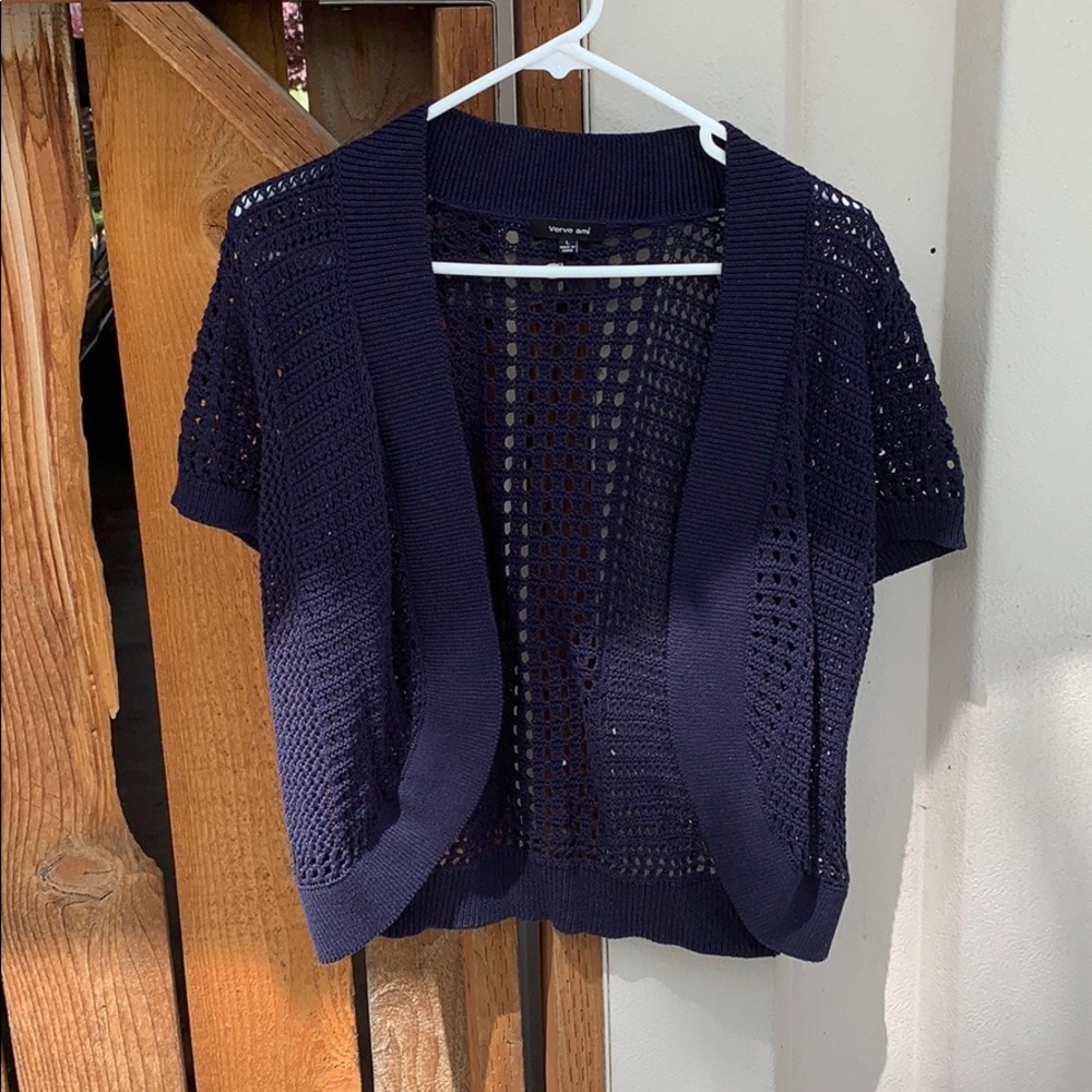 Blue open weave shirt sleeve cardigan size L